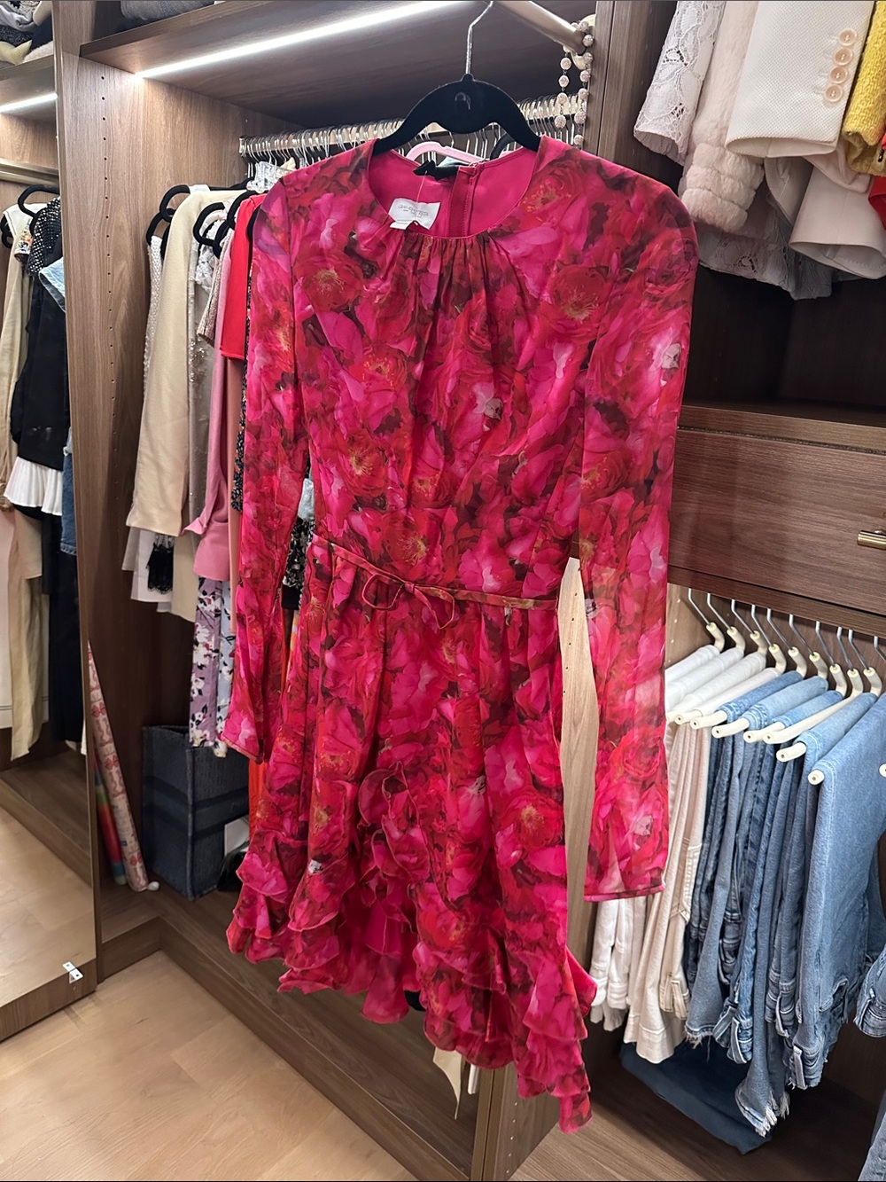 Floral Tie-Waist Long-Sleeve Mini Dress in Fuchsia giambattista valli